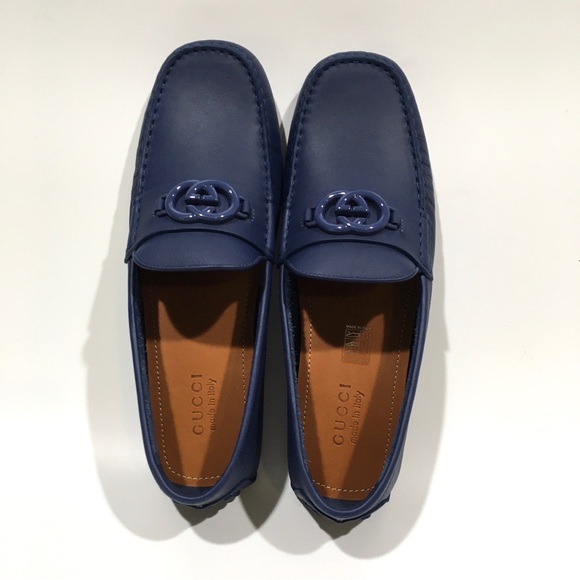 GUCCI INTERLOCKING G DRIVING MOCCASINS -INDIGO BLUE CALF LEATHER -MEN US 13 -NEW - Picture 8 of 9